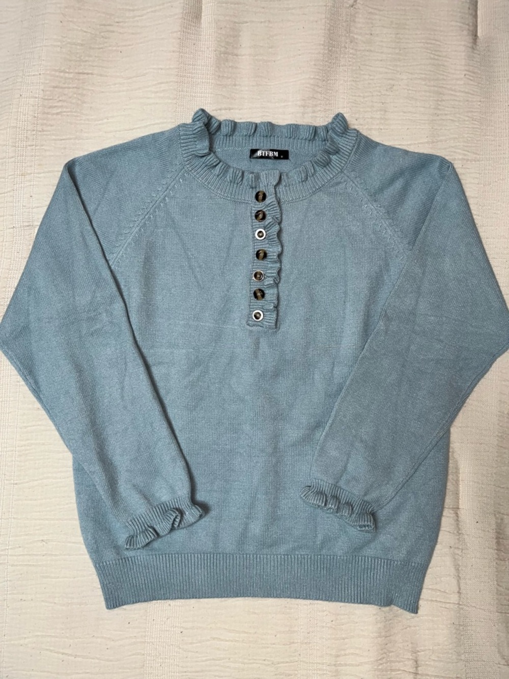 Ruffled V-Neck Knit Sweater in Dusty Blue - Picture 2 of 6